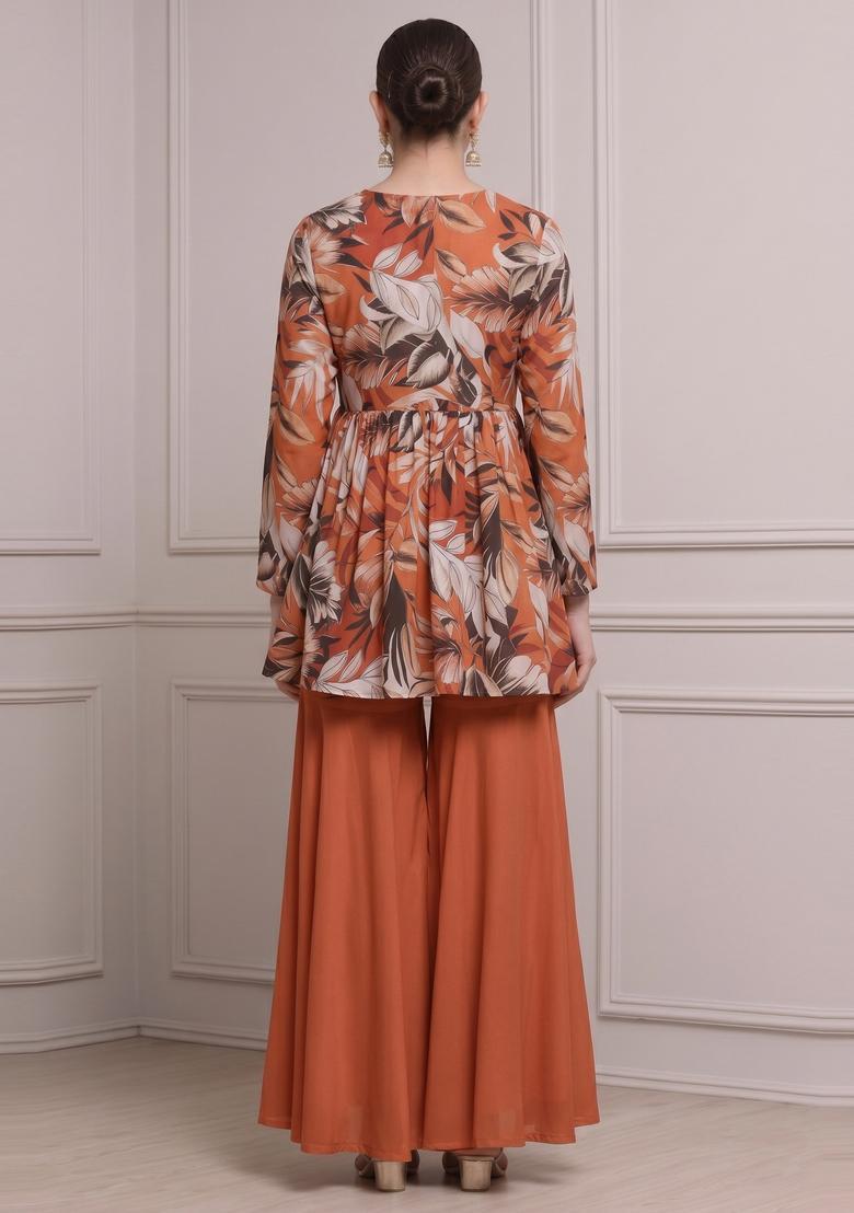 Rust Printed Satin Sharara Set - Indya