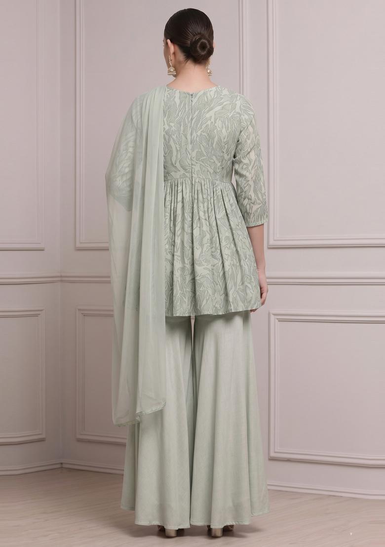 Sage Green Printed Satin Sharara Set - Indya