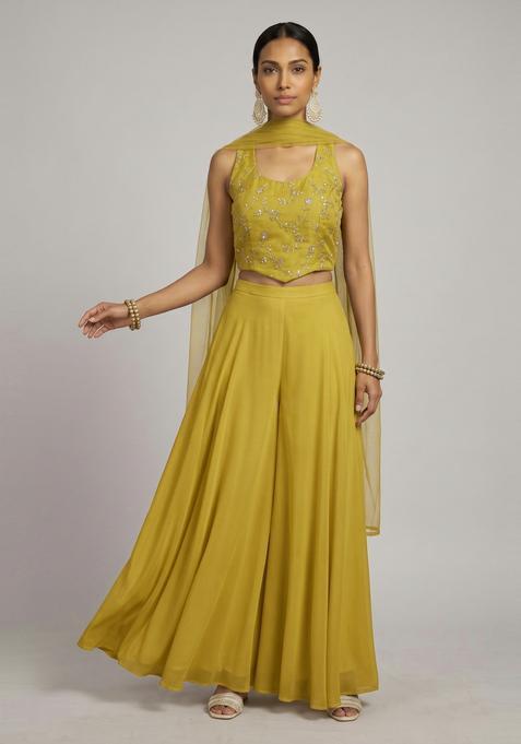 Mustard Embroidered Organza Fusion Set