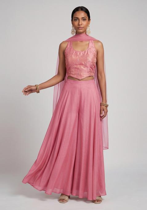 Old Rose Embroidered Organza Fusion Set