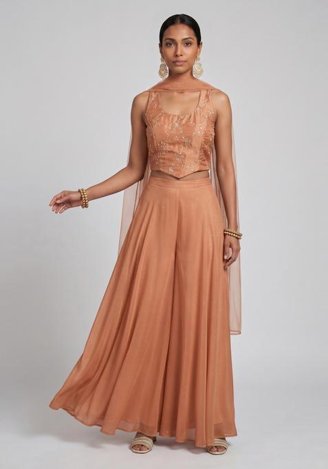 Peach Embroidered Organza Lehenga Set