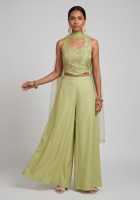 Pastel Green Embroidered Organza Fusion Set