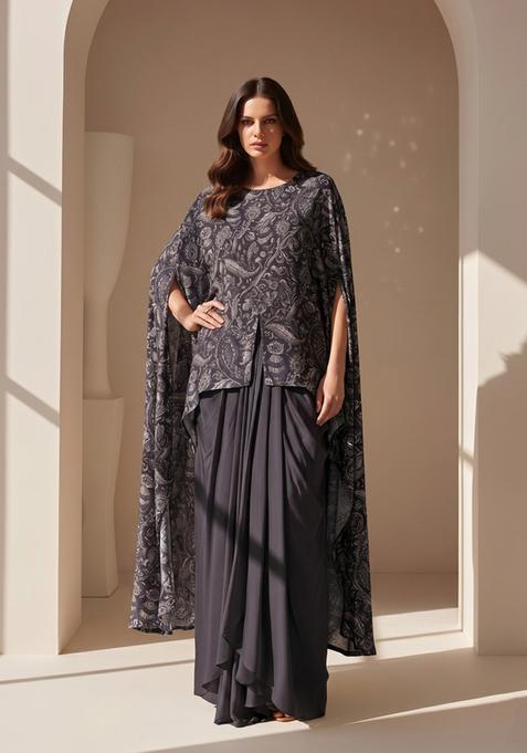 Grey Printed Silk Fusion Set