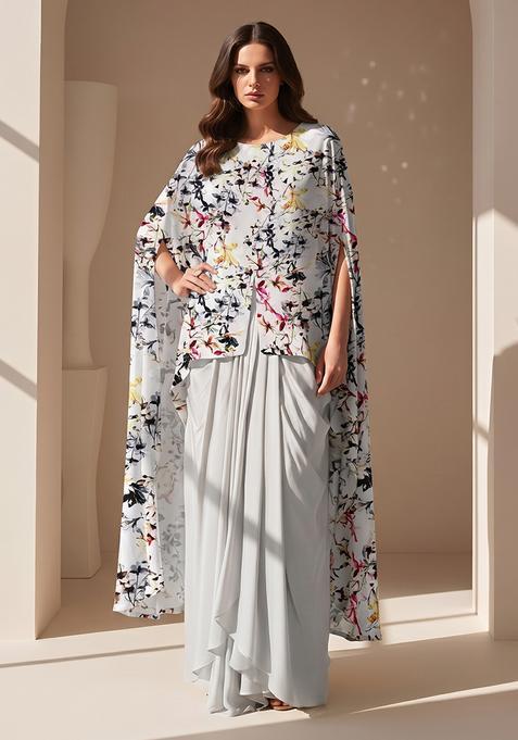 White Printed Silk Pre Draped Saree Set