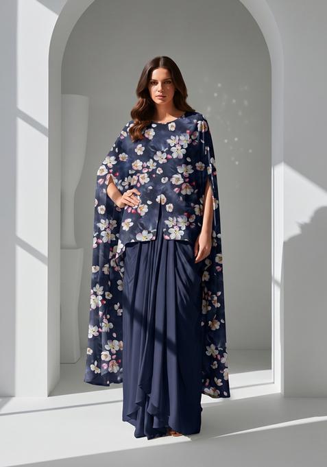 Navy Blue Printed Silk Fusion Set
