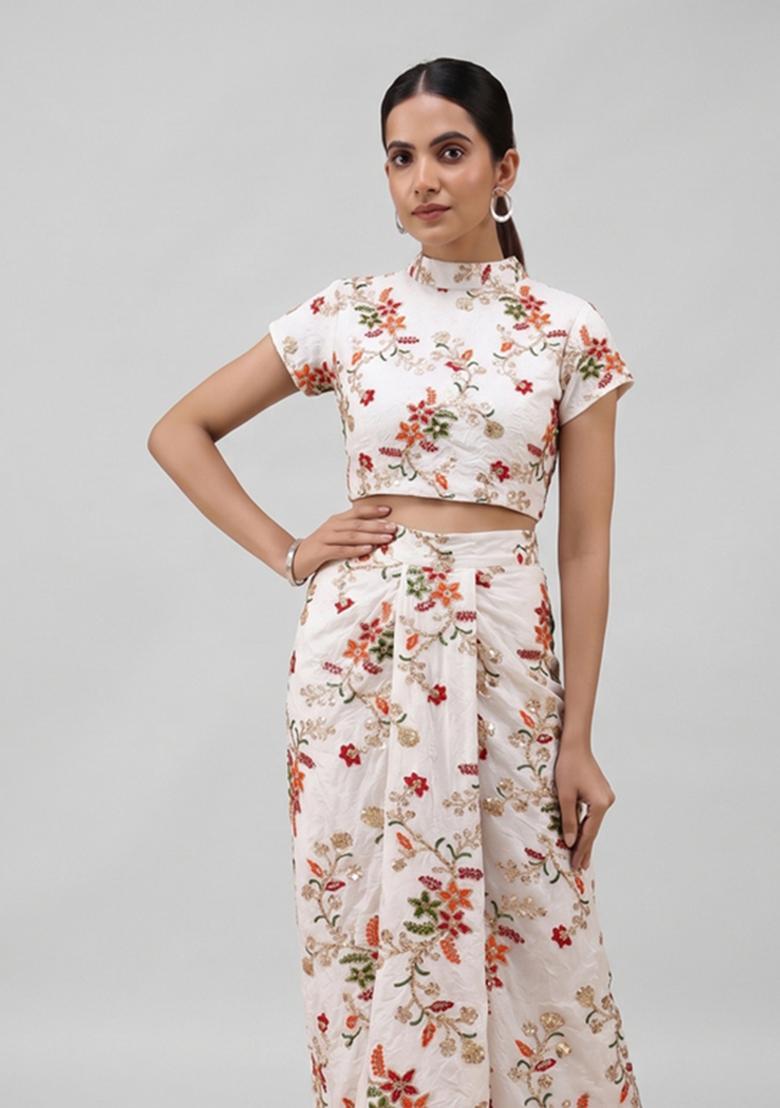 White Embroidered Crepe Fusion Set - Indya