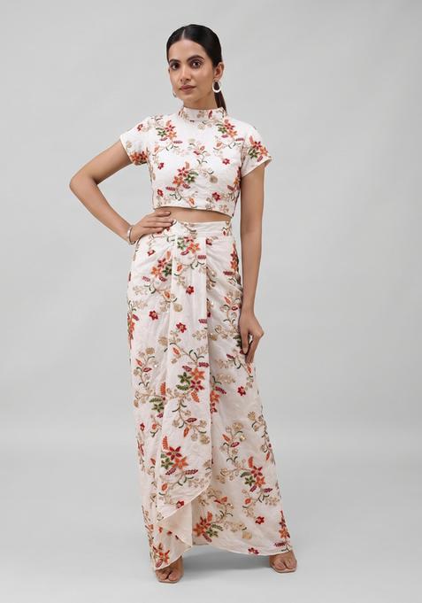 White Embroidered Crepe Fusion Set