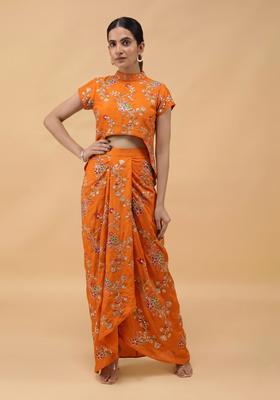 Burnt Orange Embroidered Crepe Fusion Set