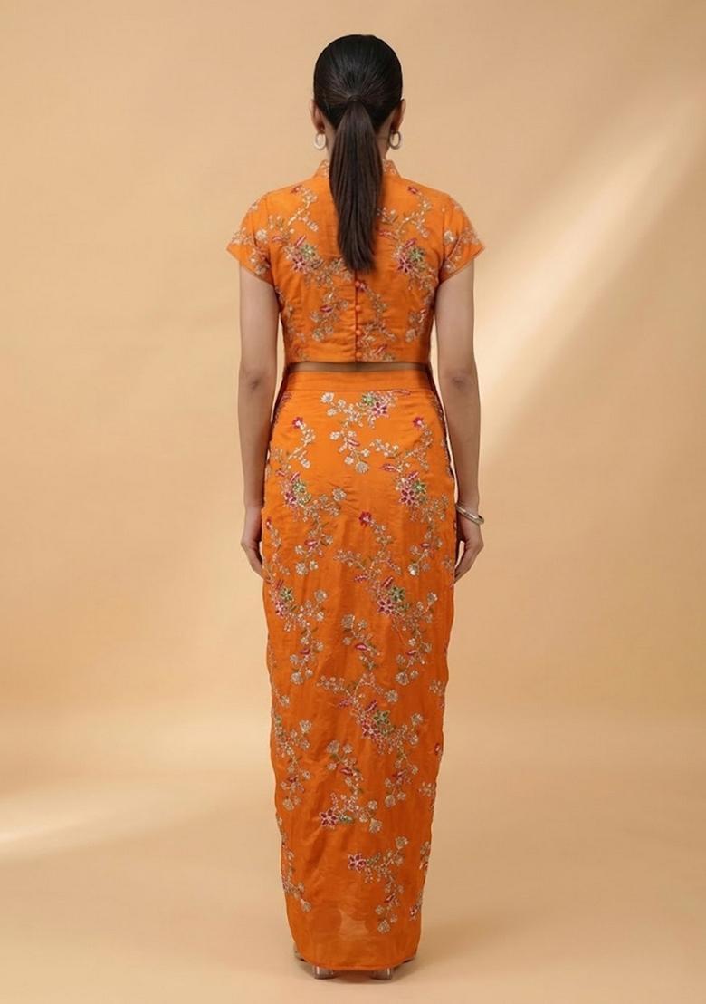 Burnt Orange Embroidered Crepe Fusion Set - Indya
