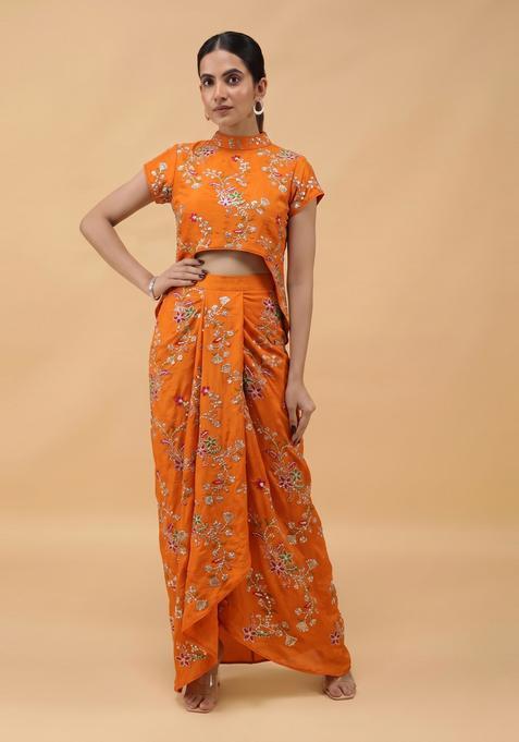 Burnt Orange Embroidered Crepe Fusion Set