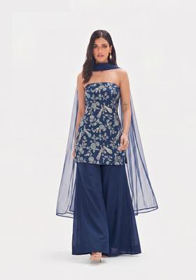 Navy Blue Printed Crepe Sharara Set