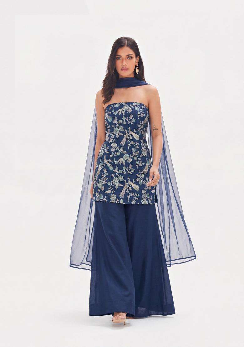 Navy Blue Printed Crepe Sharara Set - Indya