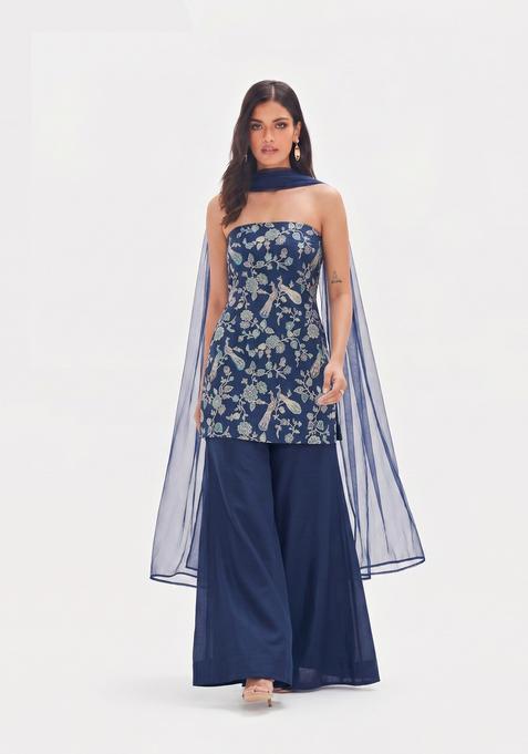 Navy Blue Printed Crepe Sharara Set