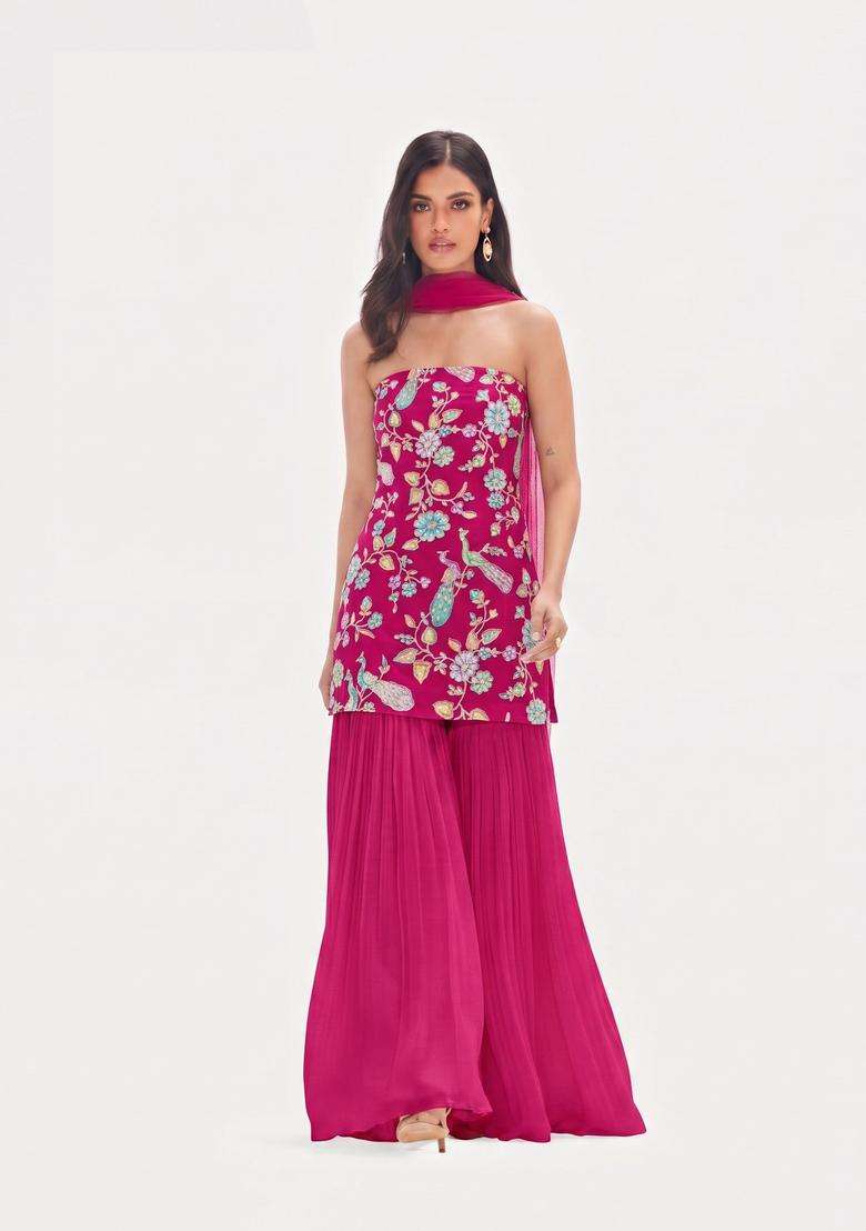 Magenta Printed Crepe Sharara Set - Indya