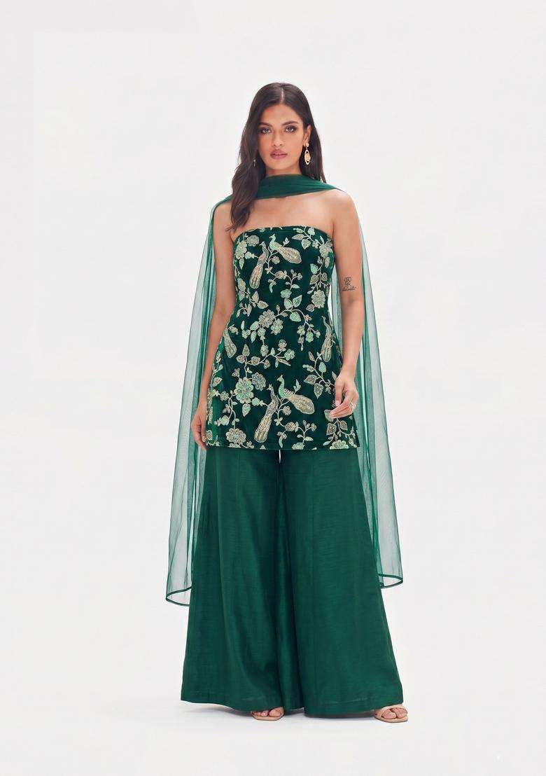 Bottle Green Printed Crepe Sharara Set - Indya