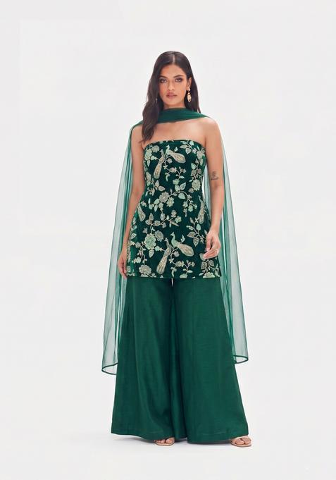 Bottle Green Printed Crepe Fusion Set
