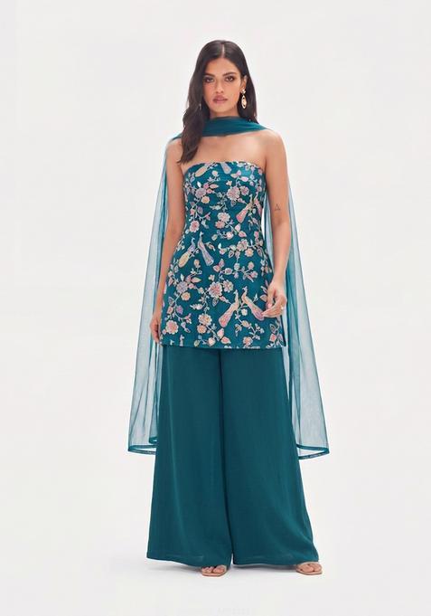 Teal Green Printed Crepe Sharara Set