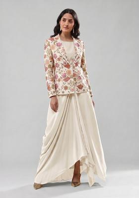 Off White Printed Crepe Fusion Set