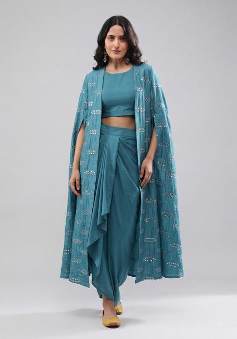 Teal Blue Sequin Silk Fusion Set