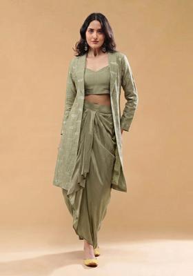 Olive Green Sequin Silk Fusion Set