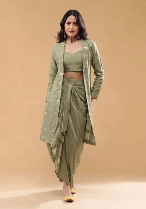 Olive Green Sequin Silk Fusion Set
