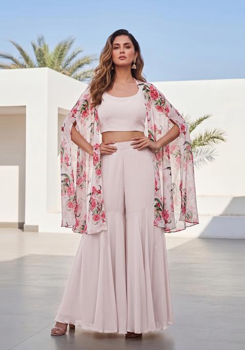 Off White Printed Georgette Fusion Set