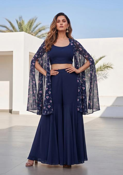 Navy Blue Printed Georgette Fusion Set