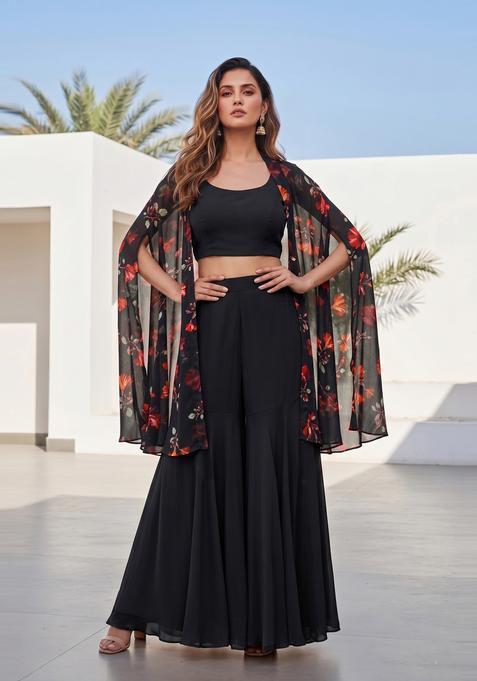 Black Printed Georgette Fusion Set