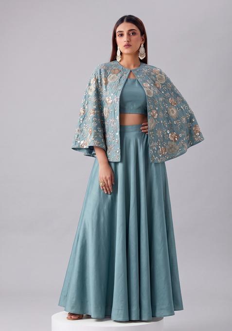 Steel Grey Embroidered Georgette Fusion Set