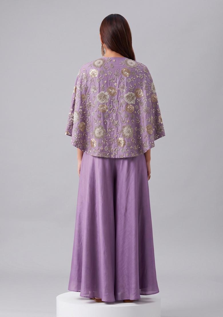 Lavender Embroidered Georgette Fusion Set - Indya