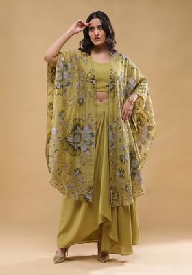 Olive Green Embroidered Organza Fusion Set
