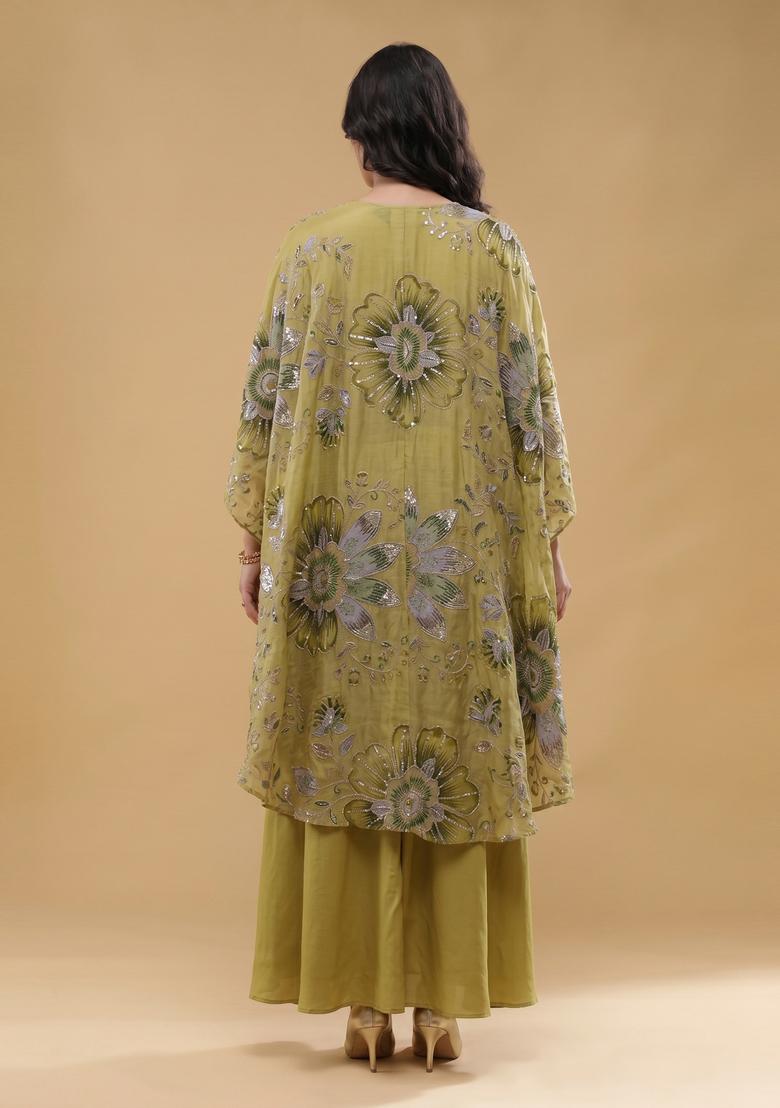 Olive Green Embroidered Organza Fusion Set - Indya