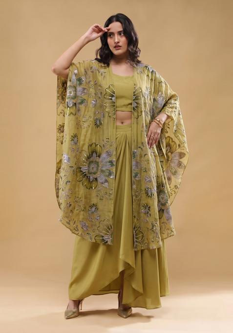 Olive Green Embroidered Organza Fusion Set