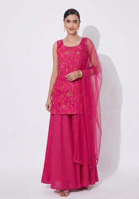 Magenta Pink Embroidered Tissue Sharara Set