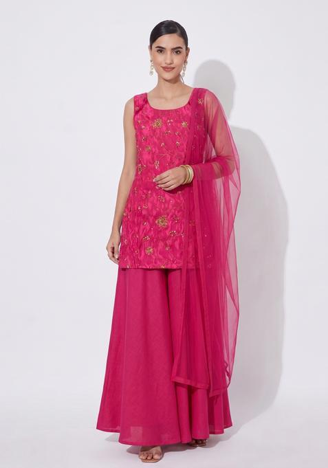 Magenta Pink Embroidered Tissue Sharara Set