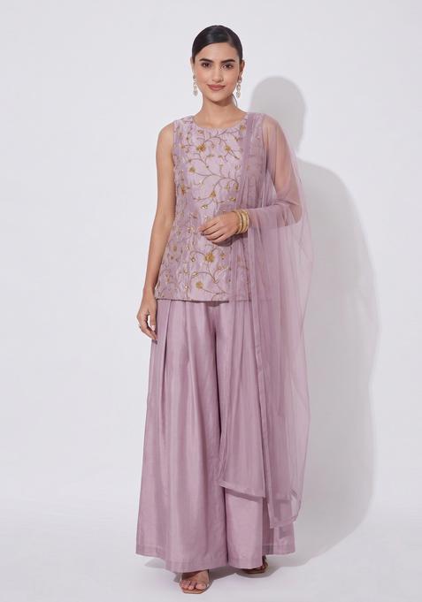 Dusty Purple Embroidered Tissue Sharara Set