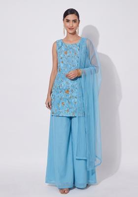 Sky Blue Embroidered Tissue Sharara Set