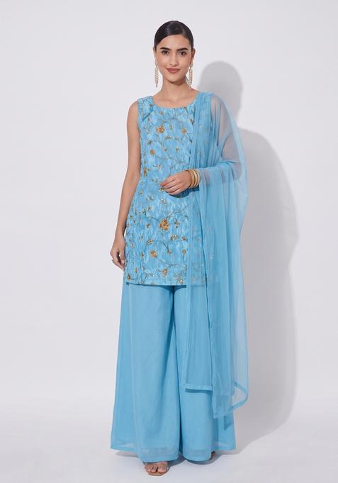 Sky Blue Embroidered Tissue Sharara Set
