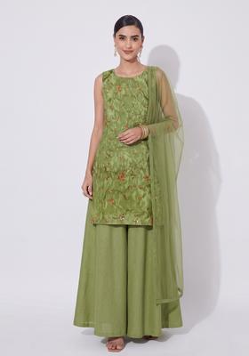 Olive Green Embroidered Tissue Sharara Set