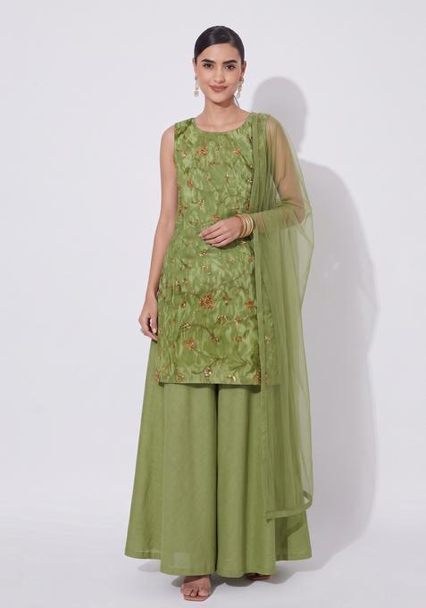 Olive Green Embroidered Tissue Sharara Set
