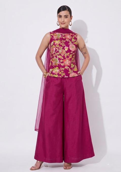 Deep Wine Embroidered Silk Sharara Set