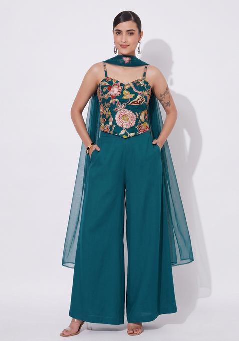 Dark Teal Embroidered Silk Sharara Set