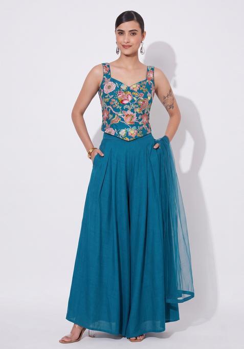Dark Teal Embroidered Silk Sharara Set