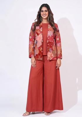 Rust Orange Floral Print Crepe Sharara Set