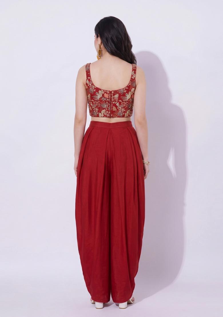 Deep Red Embroidered Crepe Fusion Set - Indya