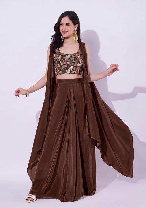 Chocolate Brown Embroidered Crepe Fusion Set