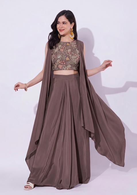 Coffee Brown Embroidered Crepe Fusion Set