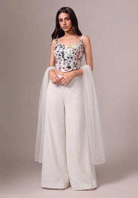 Off White Floral Print Silk Fusion Set