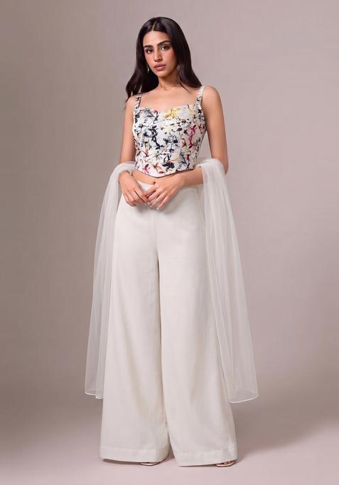 Off White Floral Print Silk Fusion Set