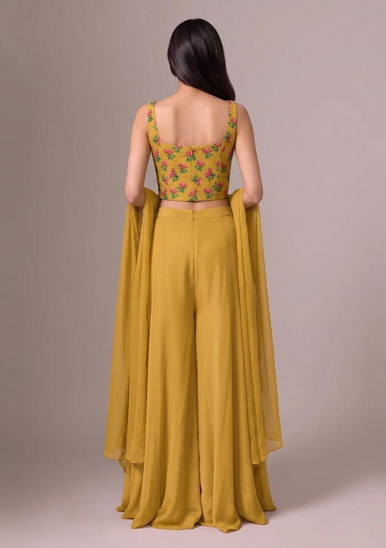 Mustard Floral Print Silk Fusion Set - Indya